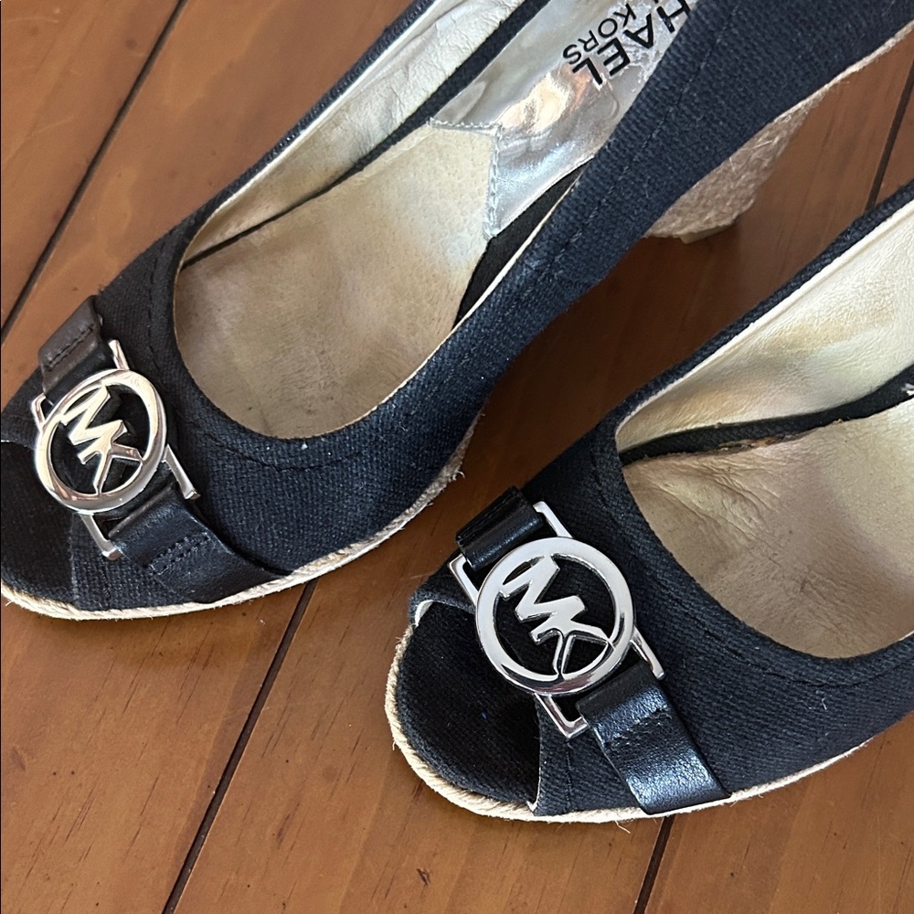 Michael Kors Black Espadrille Wedge Peep-Toe Pumps with Buckle - Picture 2 of 3